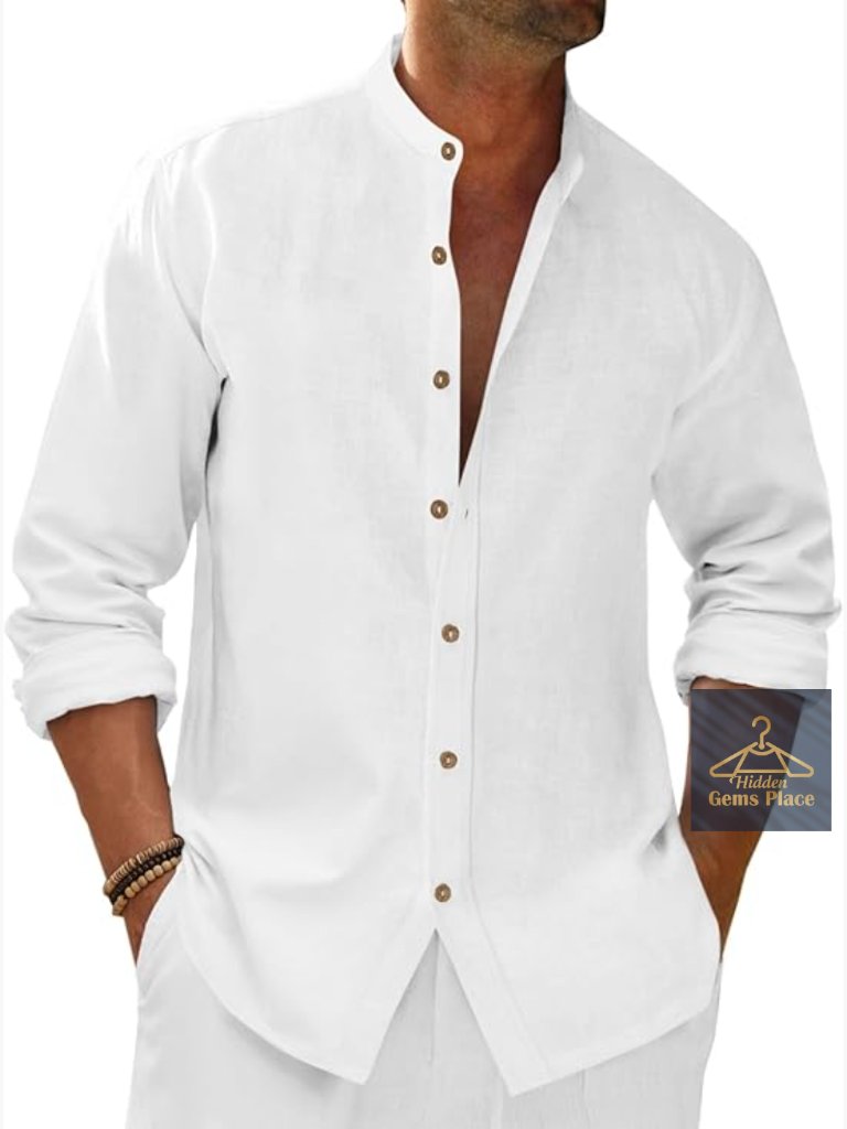 Men's Casual Linen Button Down Shirt 3/4 Sleeve Banded Collar Summer Beach